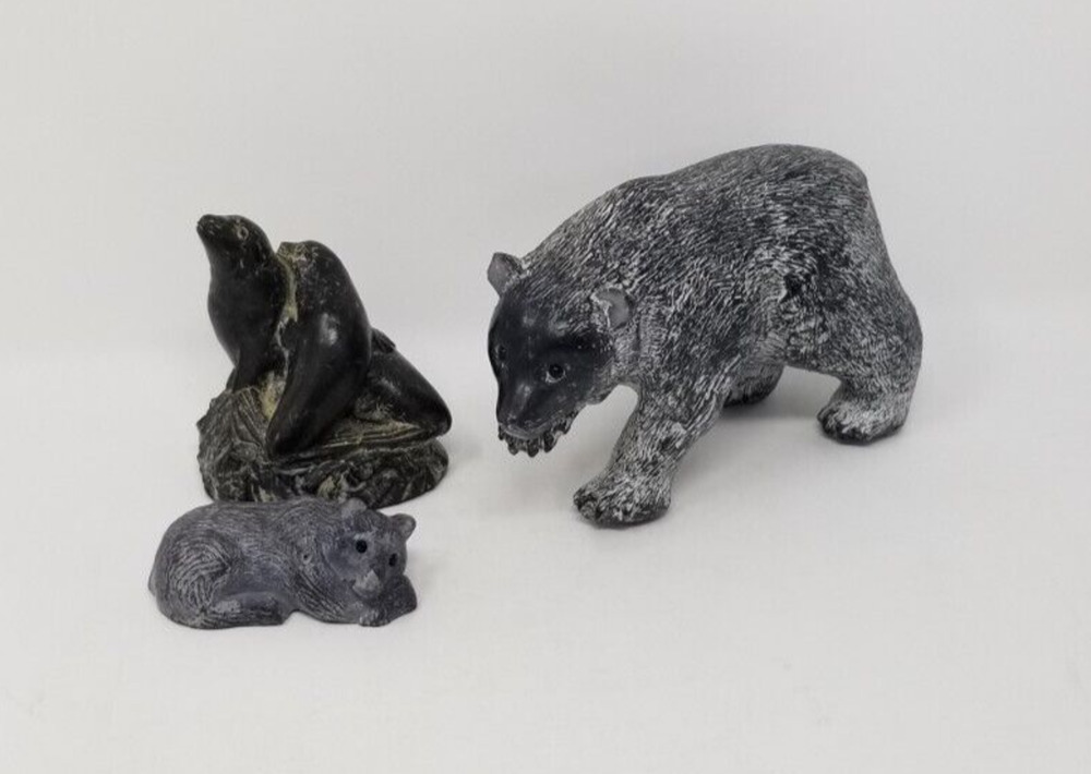 3 Wolf Original Cast Stone Sculptures 2 Bears & Seal w Baby WE